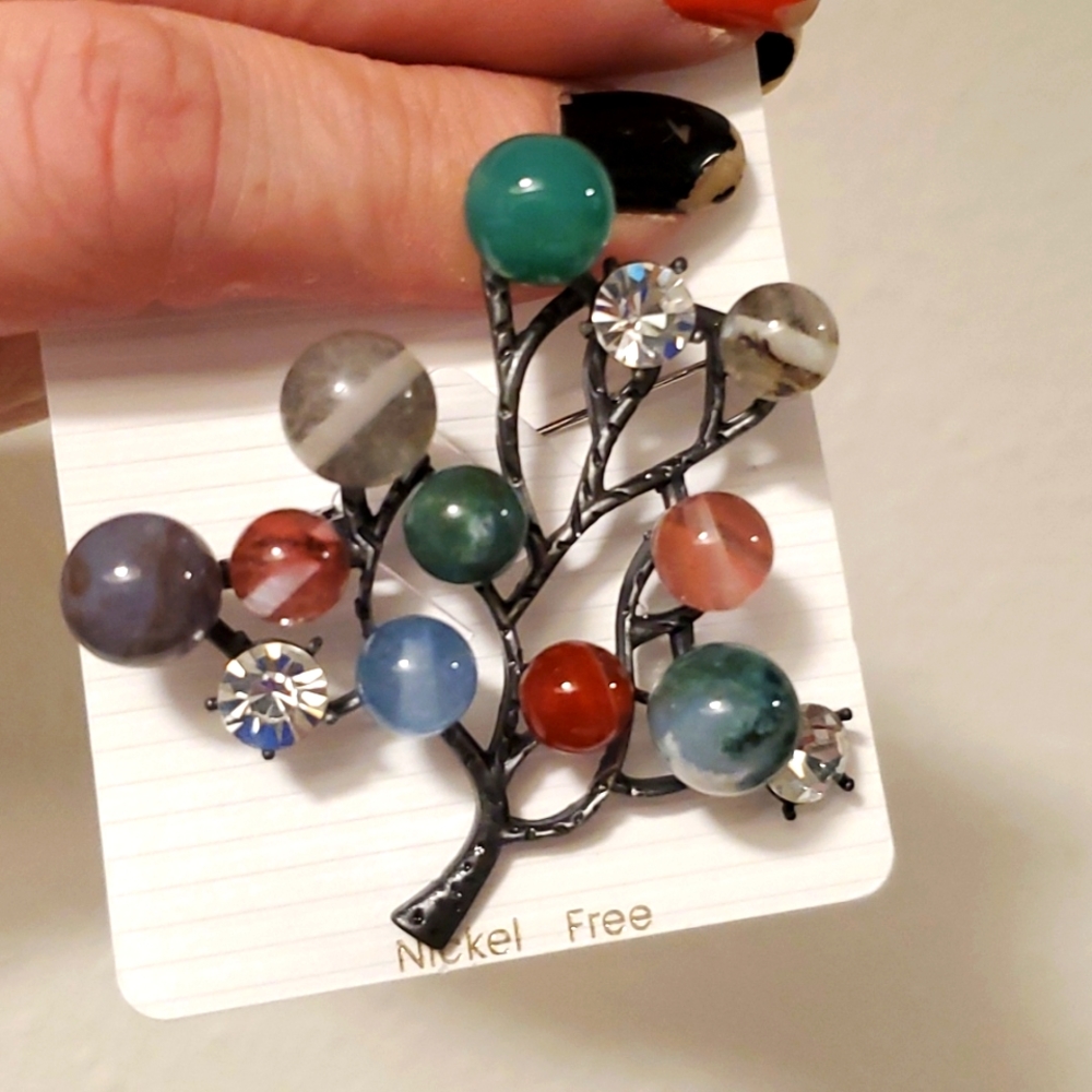 New Rhinestone Multi Colored Agate Silver Tree Pin Brooch.